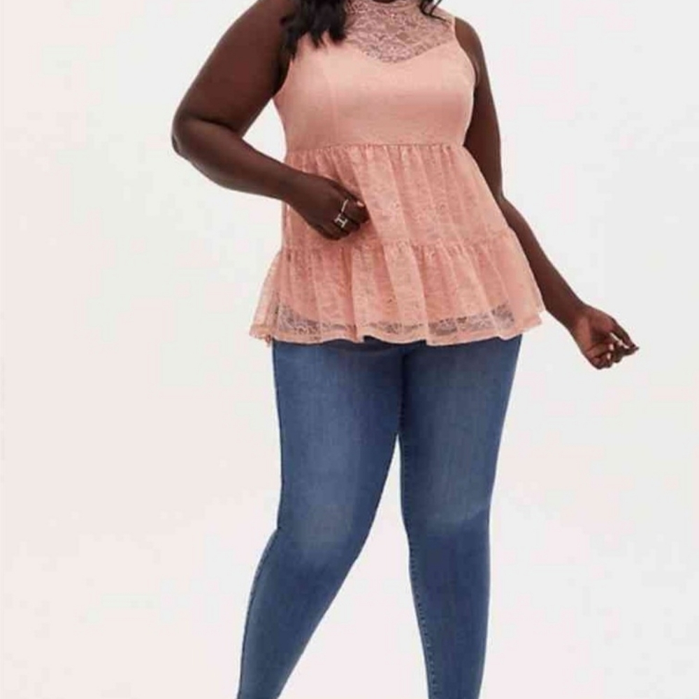 Torrid Peach Lace Mock Shirred Hem Sleeves less.
